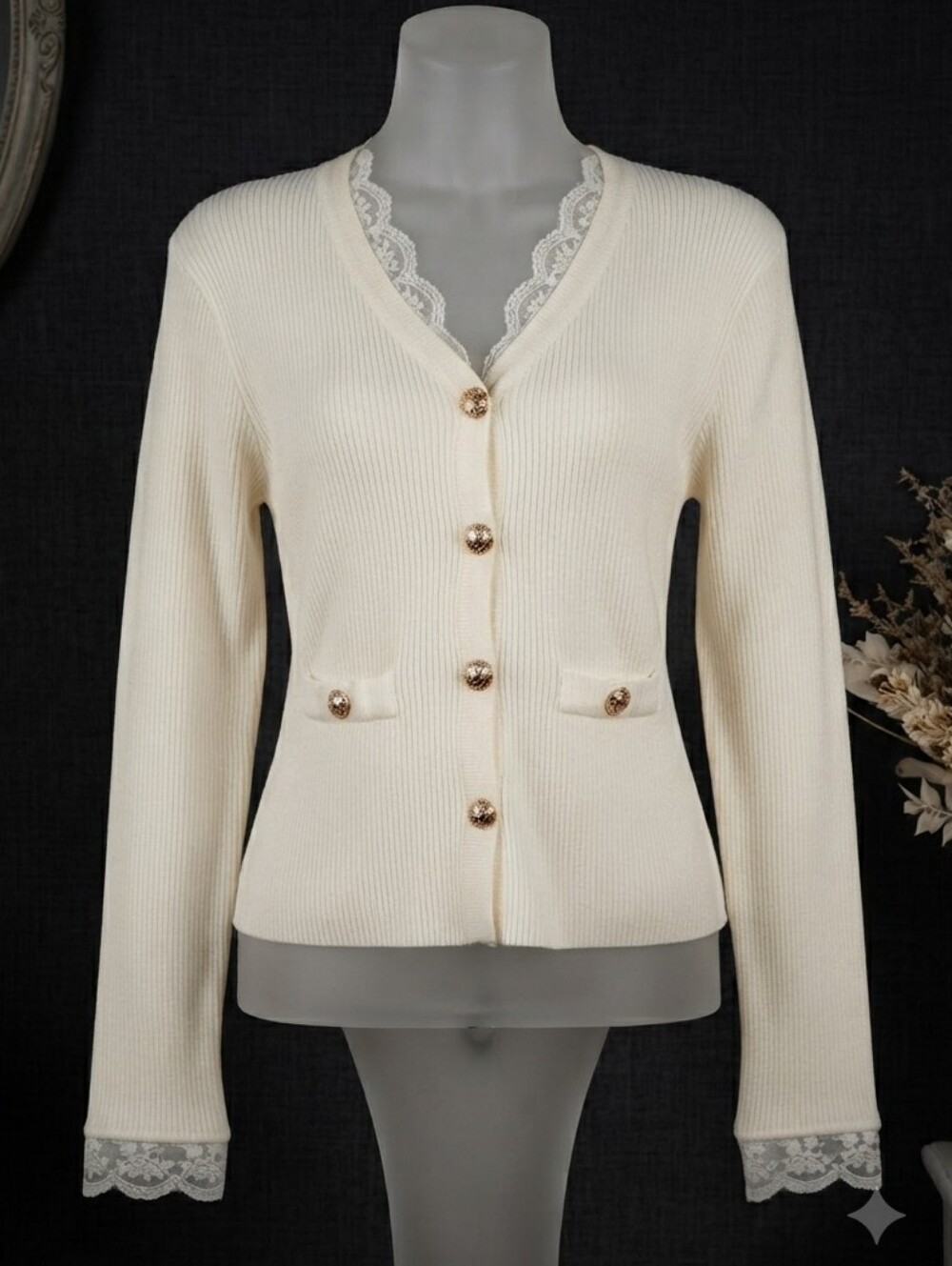 Ivory Ribbed Knit Cardigan Lace Trim Gold Buttons Coquette Chic Sz L